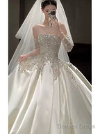 Classy Ball Gowns Strapless Neckline Long Sleeves Sequin White Wedding Dress Brides Dresses