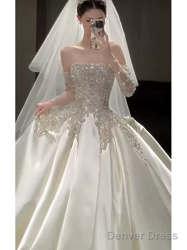 Classy Ball Gowns Strapless Neckline Long Sleeves Sequin White Wedding Dress Brides Dresses
