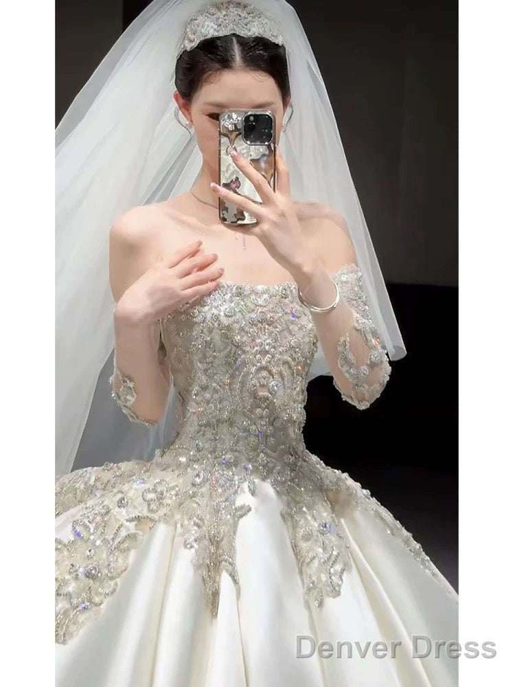 Classy Ball Gowns Strapless Neckline Long Sleeves Sequin White Wedding Dress Brides Dresses
