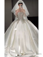 Classy Ball Gown Strapless Neckline Long Sleeves Sequin White Wedding Dresses Brides Dress