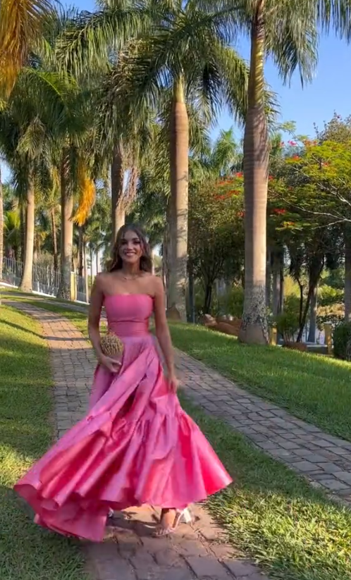 Classy Ball Gowns Strapless Pink Floor Length Satin Slit Prom Dresses Prom Gown
