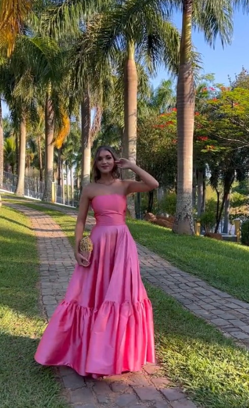Classy Ball Gowns Strapless Pink Floor Length Satin Slit Prom Dresses Prom Gown