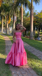 Classy Ball Gowns Strapless Pink Floor Length Satin Slit Prom Dresses Prom Gown