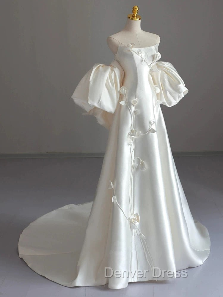 Classy Ball Gowns Strapless Short Sleeves Satin White Wedding Dress Brides Dresses