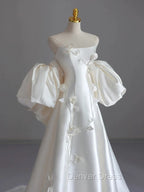 Classy Ball Gowns Strapless Short Sleeves Satin White Wedding Dress Brides Dresses
