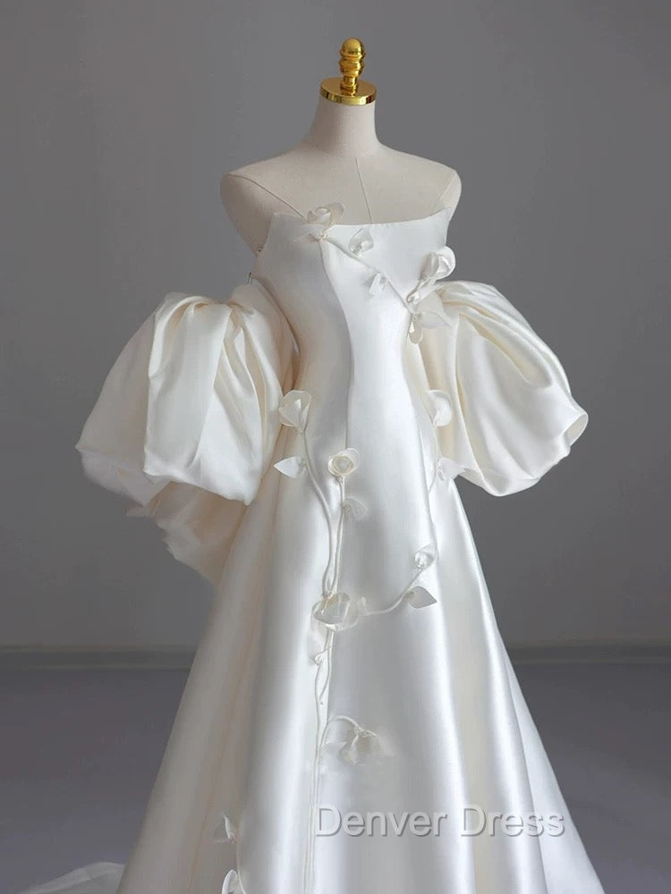 Classy Ball Gowns Strapless Short Sleeves Satin White Wedding Dress Brides Dresses