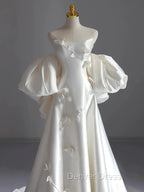 Classy Ball Gowns Strapless Short Sleeves Satin White Wedding Dress Brides Dresses