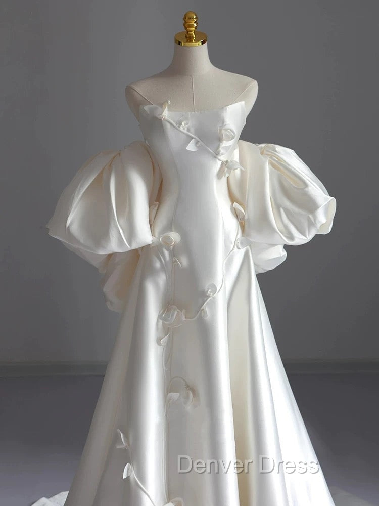 Classy Ball Gowns Strapless Short Sleeves Satin White Wedding Dress Brides Dresses