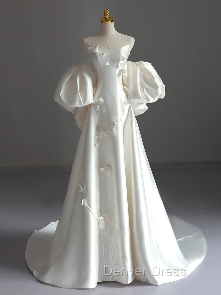 Classy Ball Gowns Strapless Short Sleeves Satin White Wedding Dress Brides Dresses