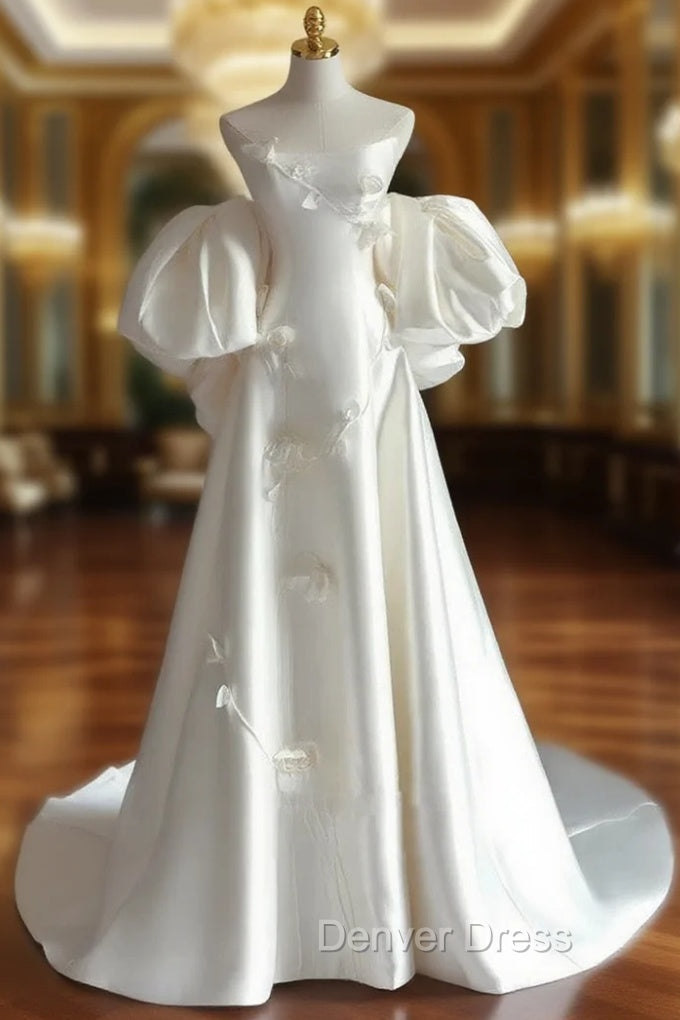 Classy Ball Gowns Strapless Short Sleeves Satin White Wedding Dress Brides Dresses