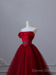 Classy Balll Gown Strapless Red Tulle Long Evening Dress Prom Dresses