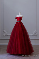 Classy Balll Gown Strapless Red Tulle Long Evening Dress Prom Dresses