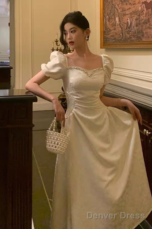 Classy French A Line Short Sleeves Ivory Satin Prom Dresses Birthday Outfits Prom Gowns