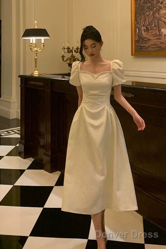 Classy French A Line Short Sleeves Ivory Satin Prom Dresses Birthday Outfits Prom Gowns