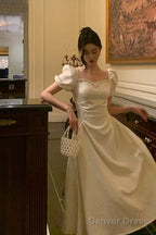 Classy French A Line Short Sleeves Ivory Satin Prom Dresses Birthday Outfits Prom Gowns