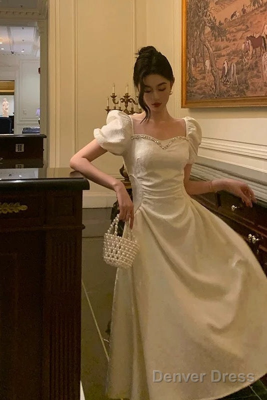 Classy French A Line Short Sleeves Ivory Satin Prom Dresses Birthday Outfits Prom Gowns