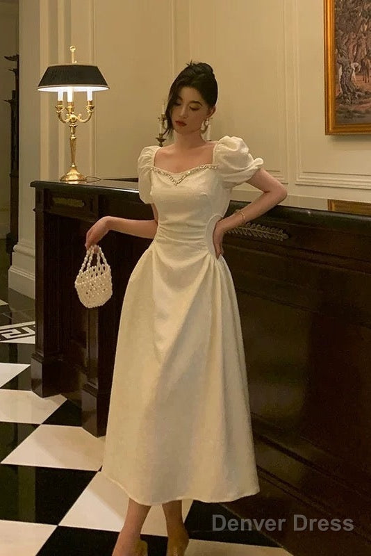Classy French A Line Short Sleeves Ivory Satin Prom Dresses Birthday Outfits Prom Gowns
