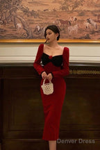 Classy French Sheath Long Sleeves Red Prom Dresses Birthday Outfits Prom Gowns