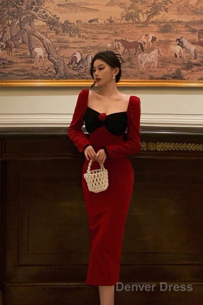 Classy French Sheath Long Sleeves Red Prom Dresses Birthday Outfits Prom Gowns