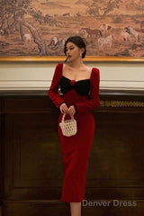 Classy French Sheath Long Sleeves Red Prom Dresses Birthday Outfits Evening Gown
