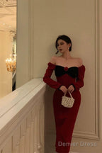 Classy French Sheath Long Sleeves Red Prom Dresses Birthday Outfits Prom Gowns