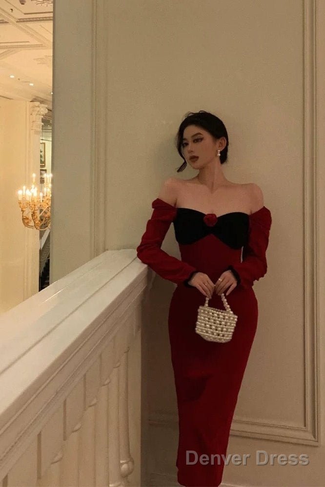 Classy French Sheath Long Sleeves Red Prom Dresses Birthday Outfits Prom Gowns