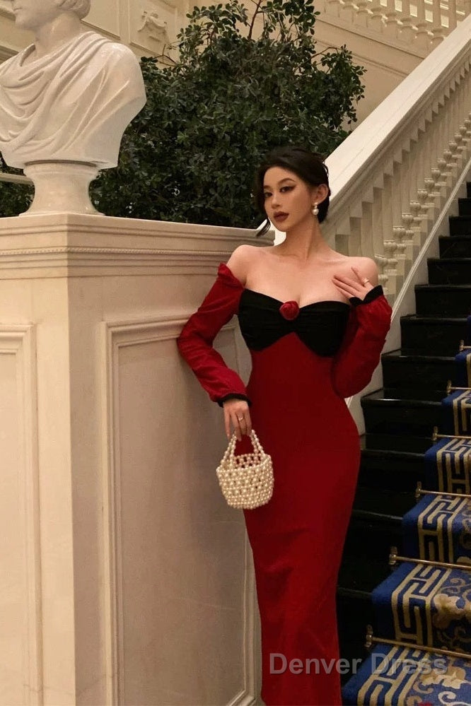 Classy French Sheath Long Sleeves Red Prom Dresses Birthday Outfits Prom Gowns