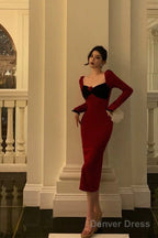 Classy French Sheath Long Sleeves Red Prom Dresses Birthday Outfits Prom Gowns