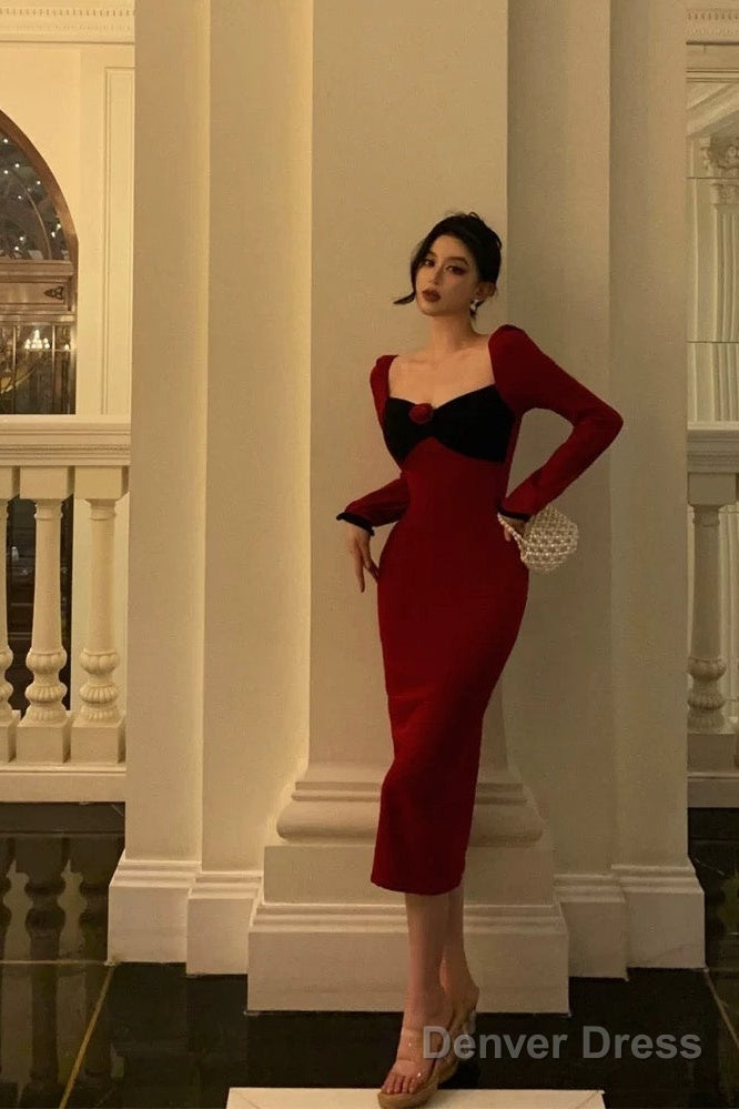 Classy French Sheath Long Sleeves Red Prom Dresses Birthday Outfits Prom Gowns