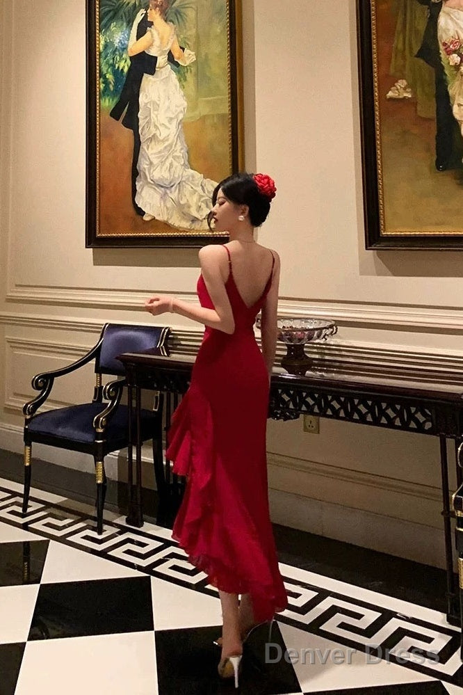 Classy High Low Spaghetti Straps Red Long Prom Dresses Birthday Outfits Evening Gown