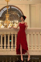 Classy High Low Spaghetti Straps Red Long Prom Dresses Birthday Outfits Evening Gown