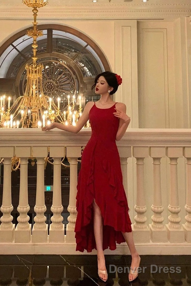 Classy High Low Spaghetti Straps Red Long Prom Dresses Birthday Outfits Prom Gowns