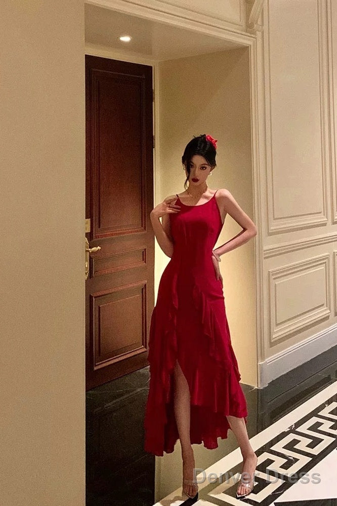 Classy High Low Spaghetti Straps Red Long Prom Dresses Birthday Outfits Evening Gown Main image