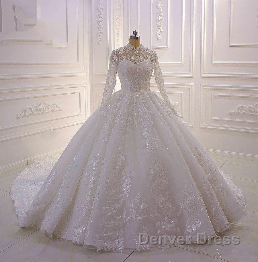 Classy Long A-line High Neck Appliques Lace Pearl Sequins Ruffles Wedding Dresses with Sleeves Secondary image