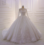 Classy Long A-line High Neck Appliques Lace Pearl Sequins Ruffles Wedding Dresses with Sleeves