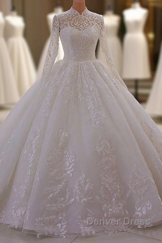 Classy Long A-line High Neck Appliques Lace Pearl Sequins Ruffles Wedding Dresses with Sleeves Main image