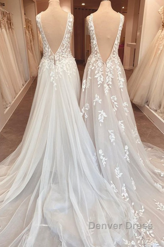 Classy Long A Line Sweetheart Appliques Lace Open Back Wedding Dresses