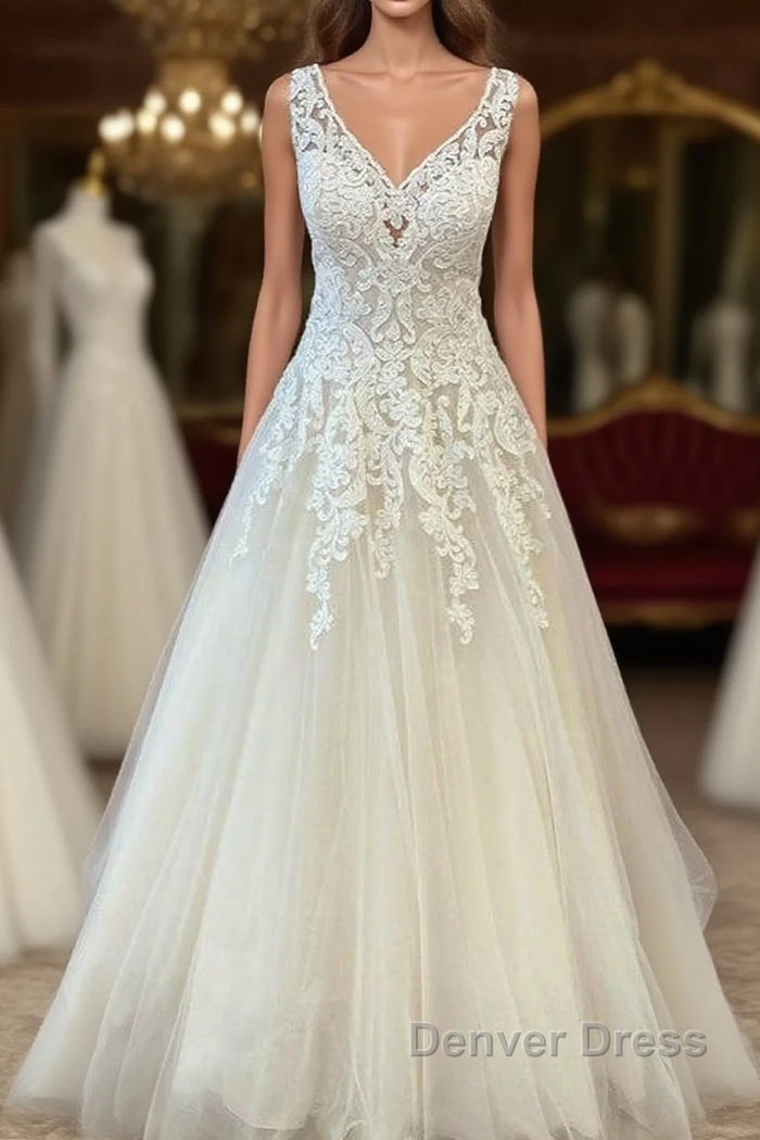 Classy Long A-Line Sweetheart Appliques Lace Tulle Backless Wedding Dresses Main image
