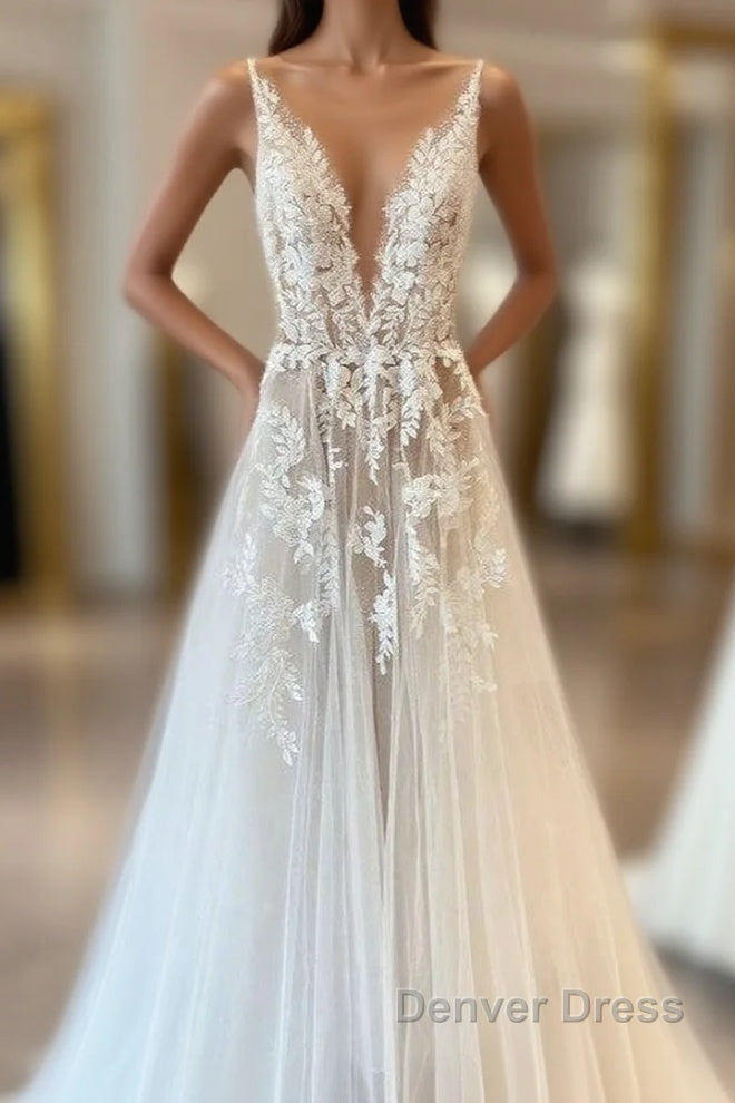 Classy Long A Line Tulle Appliques Lace Wedding Dresses Main image