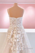 Classy Long A-Line Tulle Spaghetti Straps Appliques Lace Backless Wedding Dresses