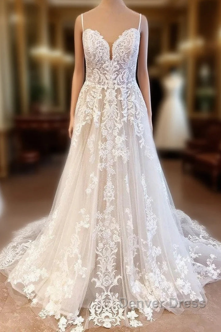 Classy Long A-Line Tulle Spaghetti Straps Appliques Lace Backless Wedding Dresses Main image