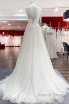Classy Long A-line Tulle V Neck Sleeveless Lace Wedding Dresses