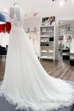 Classy Long A-line Tulle V Neck Sleeveless Lace Wedding Dresses