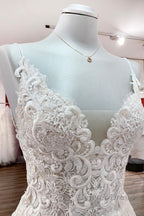 Classy Long A Line Tulle V Neck Sleeveless Lace Wedding Dresses