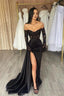 Classy Long Black Off The Shoulder Lace Mermaid Long Sleeves Prom Gown Long Slit Online