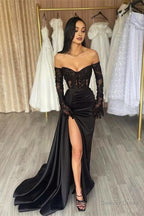 Classy Long Black Off The Shoulder Lace Mermaid Long Sleeves Prom Gown Long Slit Online