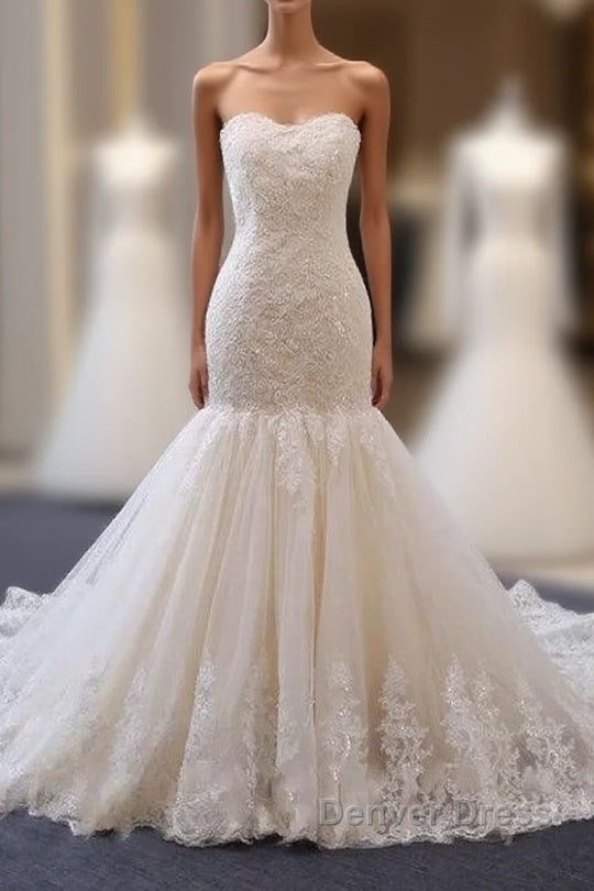 Classy Long Mermaid Sweetheart Backless Appliques Lace Tulle Wedding Dresses Main image