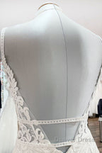 Classy Long Mermaid V-neck Satin Open Back Wedding Dresses with Lace Appliques