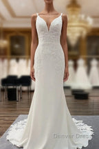 Classy Long Mermaid V-neck Satin Open Back Wedding Dresses with Lace Appliques