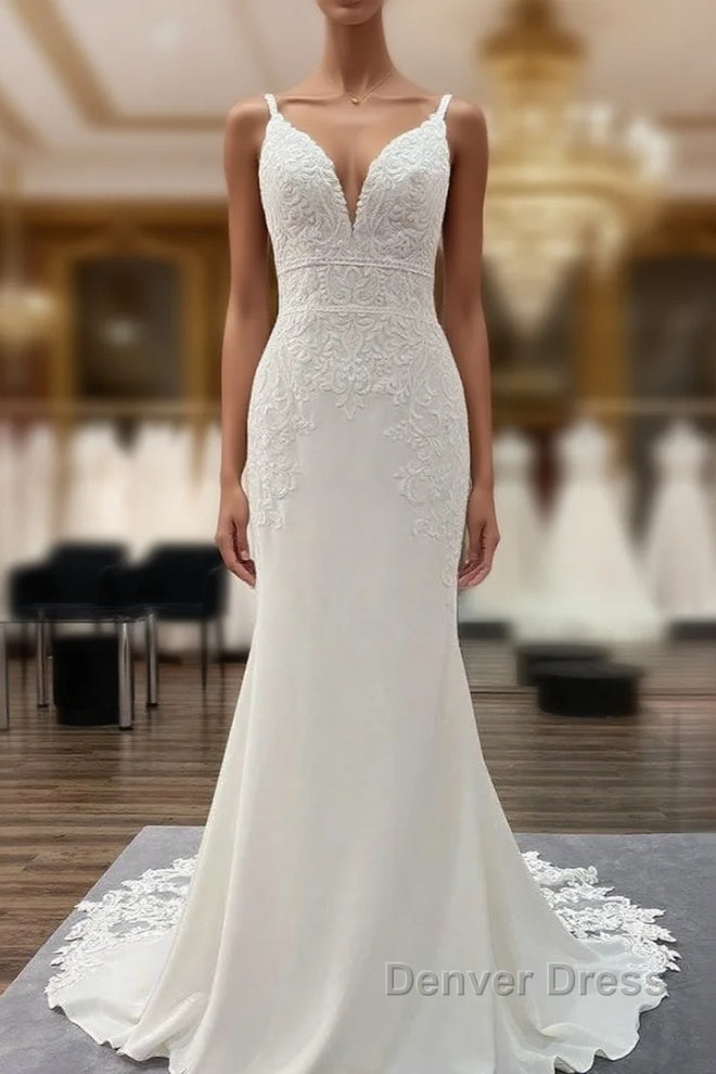 Classy Long Mermaid V-neck Satin Open Back Wedding Dresses with Lace Appliques